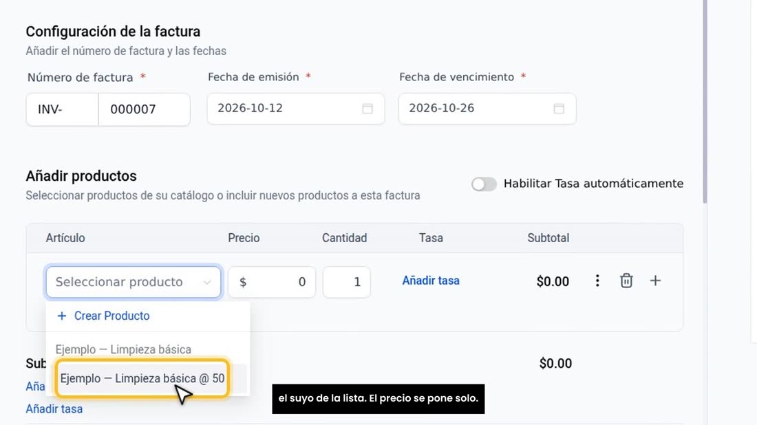 Ahora, en «Añadir productos», pulse «Añadir producto», y elija el suyo de la lista. El precio se pone solo.