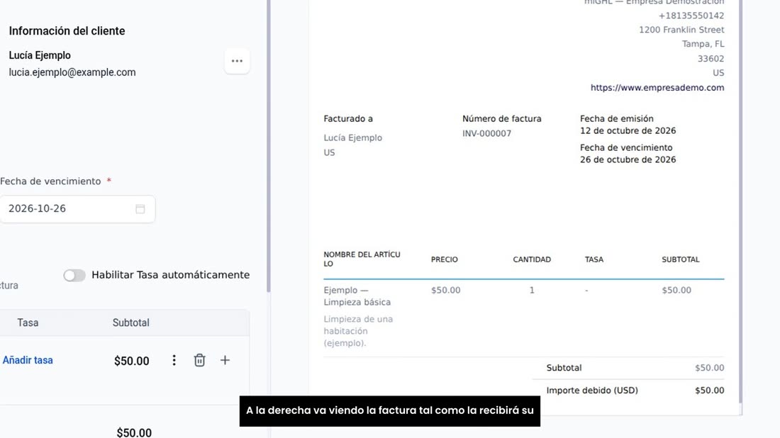 A la derecha va viendo la factura tal como la recibirá su cliente.