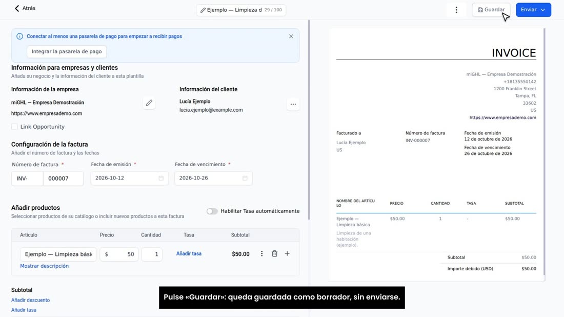 Pulse «Guardar»: queda guardada como borrador, sin enviarse.