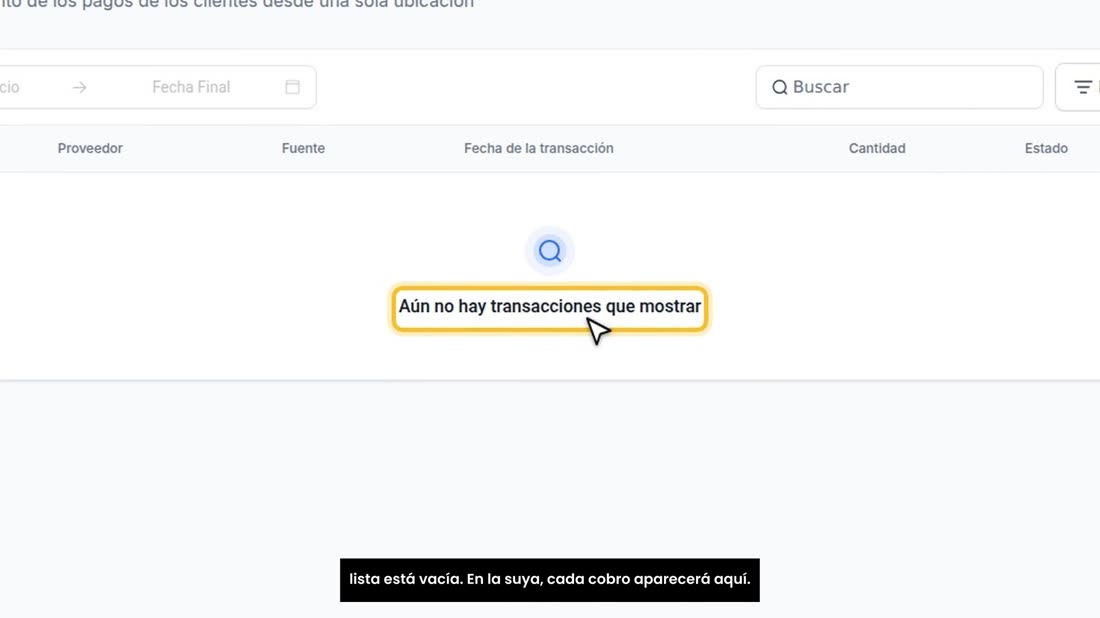 Esta cuenta de ejemplo todavía no tiene pagos, por eso la lista está vacía. En la suya, cada cobro aparecerá aquí.