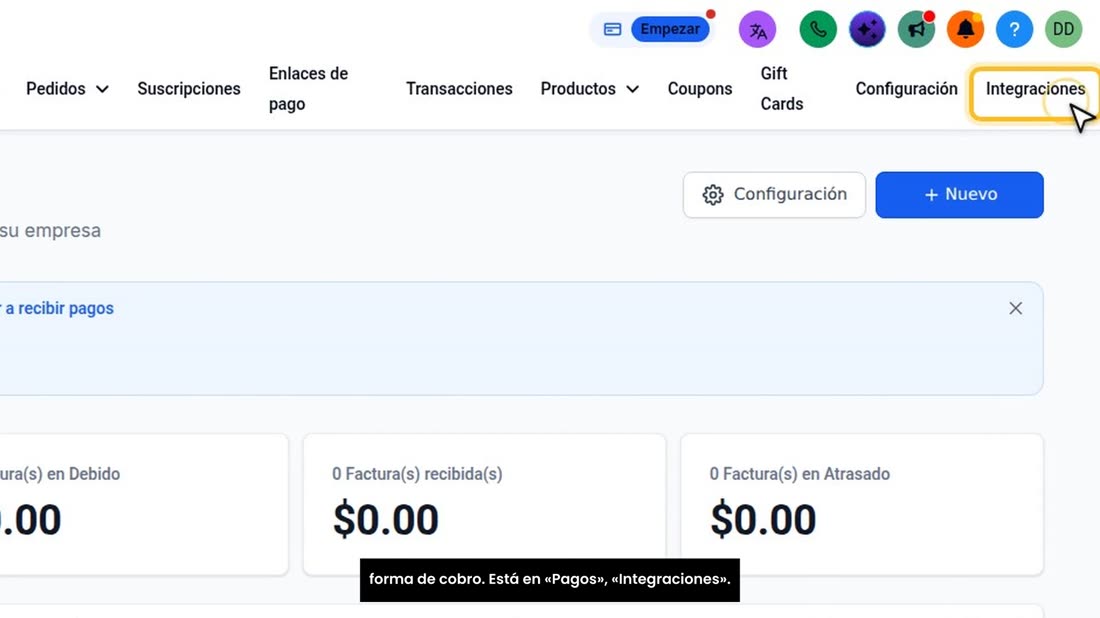 Para que sus clientes le puedan pagar con tarjeta, conecte su forma de cobro. Está en «Pagos», «Integraciones».