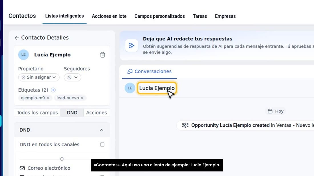 Para escribirle un correo a un cliente, abra su ficha en «Contactos». Aquí uso una clienta de ejemplo: Lucía Ejemplo.