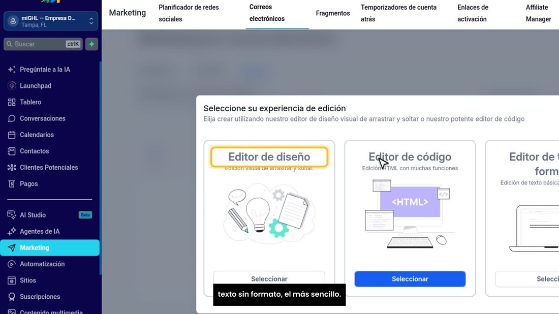 Y elegir el editor de diseño, de arrastrar y soltar, o el de texto sin formato, el más sencillo.