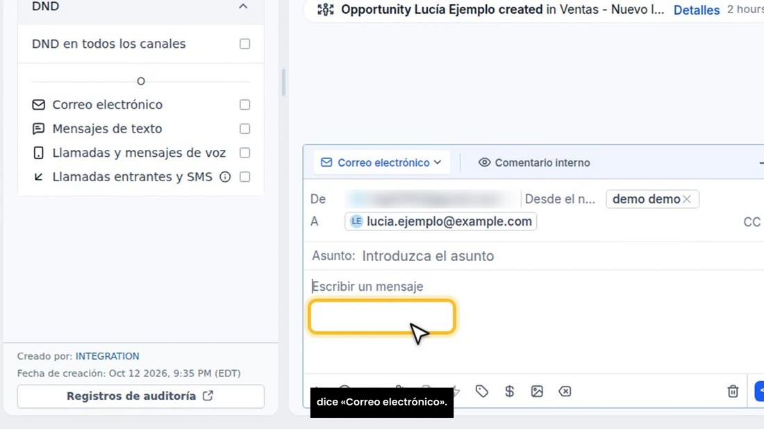 Abajo, pulse «Escribir un mensaje», y compruebe que arriba dice «Correo electrónico».