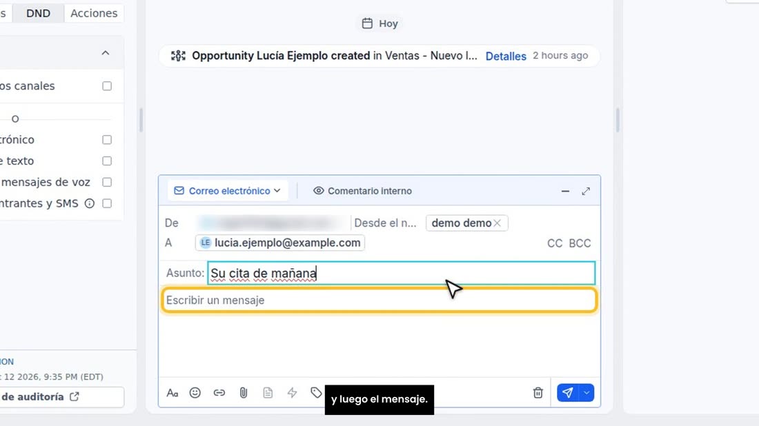 Ahí ve desde qué correo sale y a quién va. Escriba el asunto, y luego el mensaje.