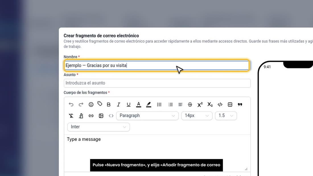 Pulse «Nuevo fragmento», y elija «Añadir fragmento de correo electrónico».