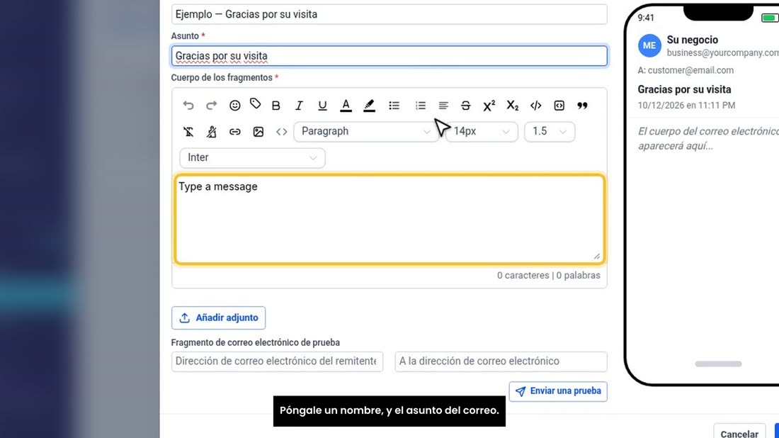 Póngale un nombre, y el asunto del correo.