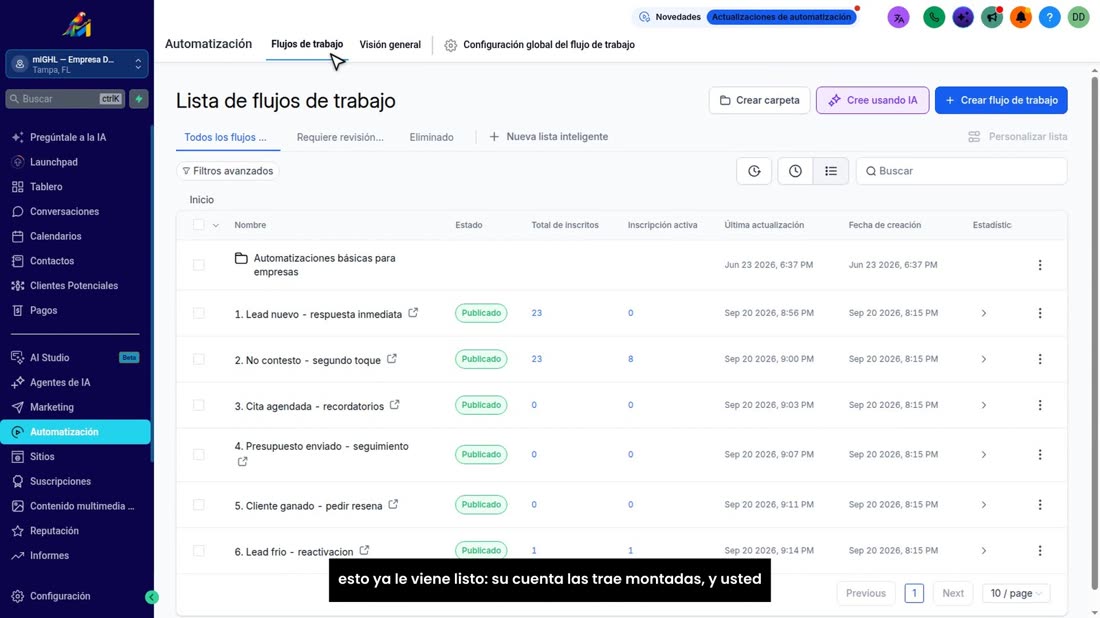Están en «Automatización», en «Flujos de trabajo». Con miGHL esto ya le viene listo: su cuenta las trae montadas, y uste