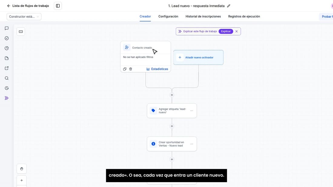 Arriba está el activador, lo que la pone en marcha: «Contacto creado». O sea, cada vez que entra un cliente nuevo.