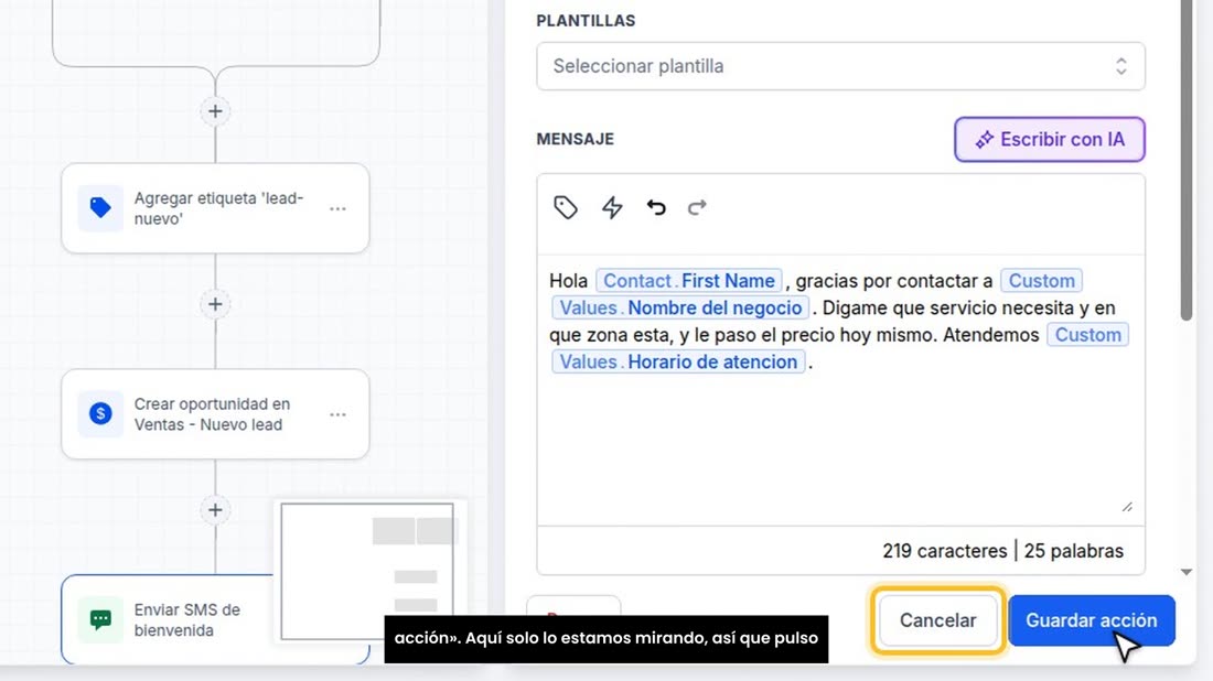Cambie las palabras para que suenen a usted, y pulse «Guardar acción». Aquí solo lo estamos mirando, así que pulso «Canc