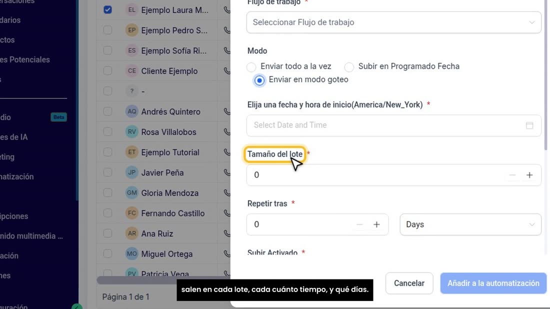 En «Modo», marque «Enviar en modo goteo». Así decide cuántos salen en cada lote, cada cuánto tiempo, y qué días.