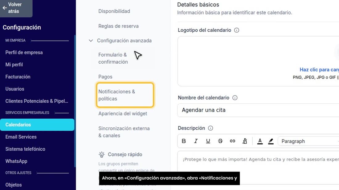 Ahora, en «Configuración avanzada», abra «Notificaciones y políticas».