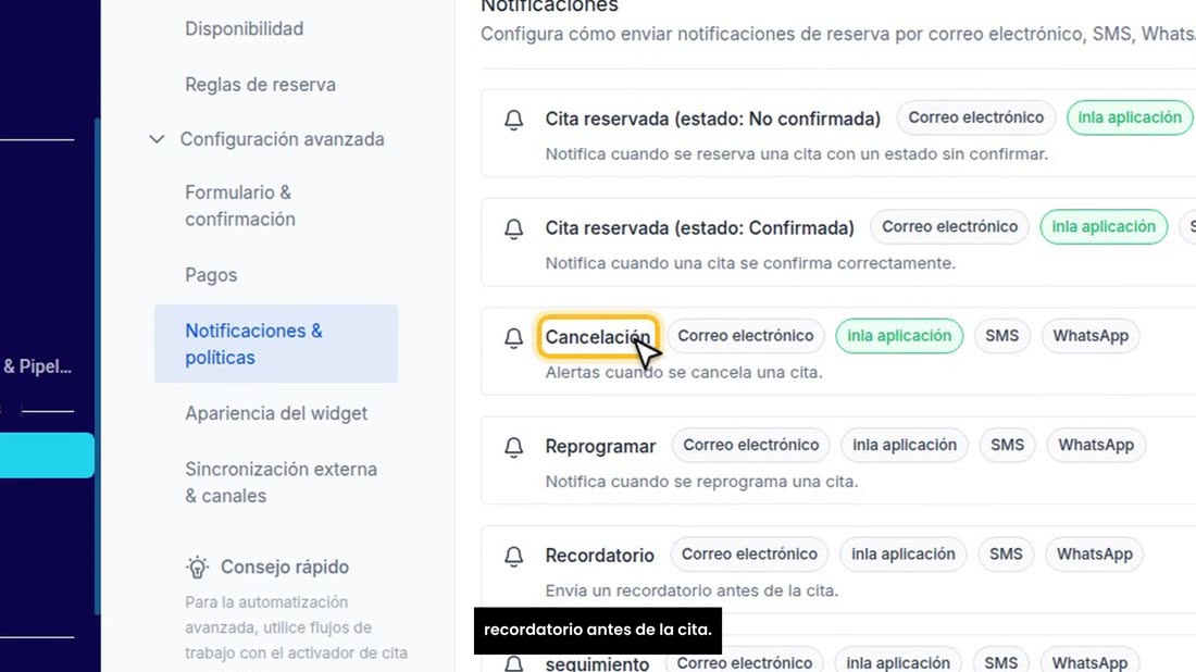 Aquí decide qué mensaje le llega al cliente en cada momento: cuando la cita se confirma, si se cancela o se cambia, y el