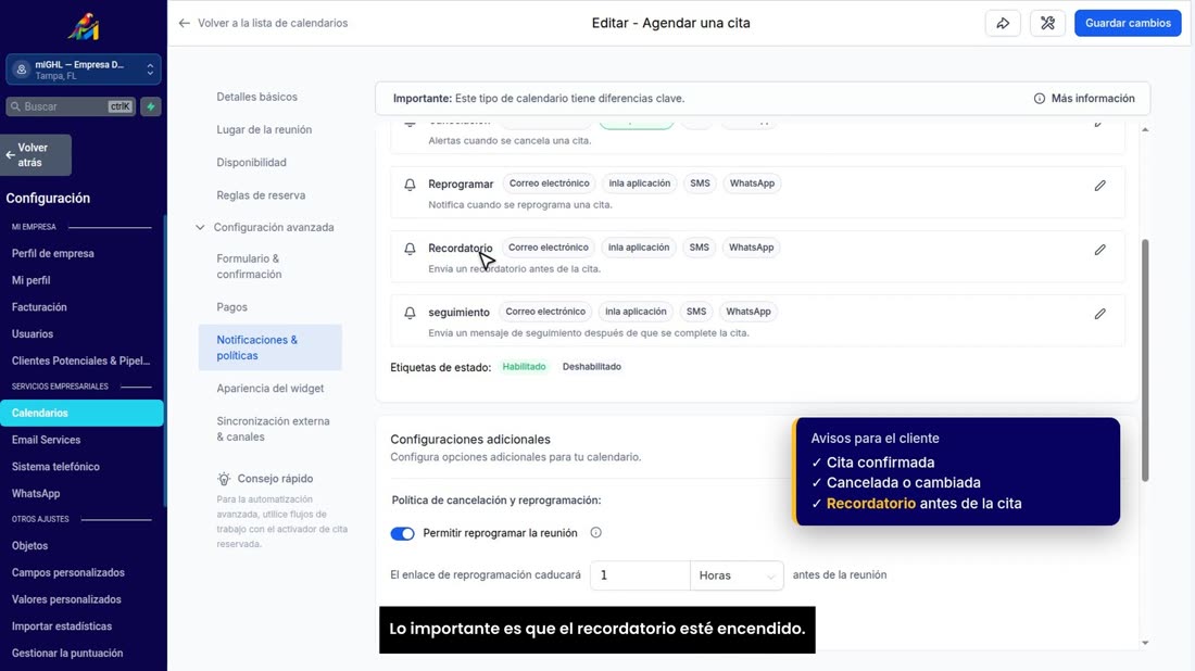 Puede elegir el canal de cada aviso: correo, SMS o WhatsApp. Lo importante es que el recordatorio esté encendido.
