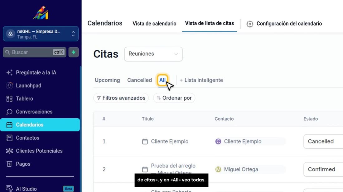 Primero, márquelo. En «Calendarios», abra la «Vista de lista de citas», y en «All» vea todas.