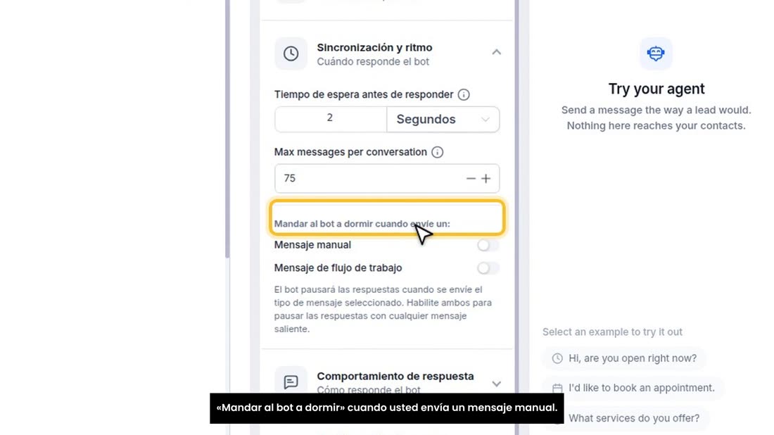 Un truco importante: en «Sincronización y ritmo», marque «Mandar al bot a dormir» cuando usted envía un mensaje manual.