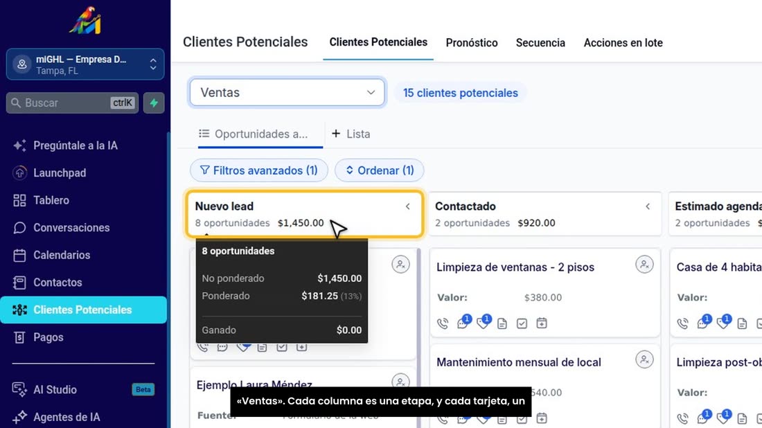 Arriba elige la secuencia, o sea, el tablero. Aquí abrimos «Ventas». Cada columna es una etapa, y cada tarjeta, un clien