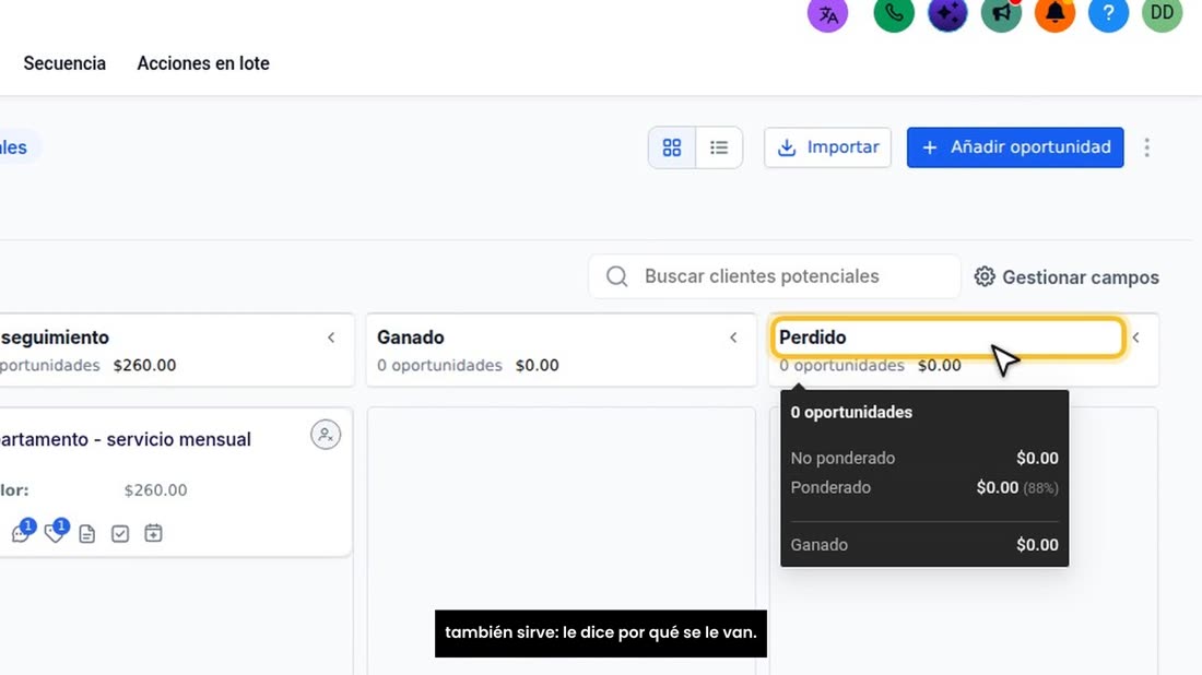 Y cinco: el cierre, «Ganado» o «Perdido». Marcar los perdidos también sirve: le dice por qué se le van.