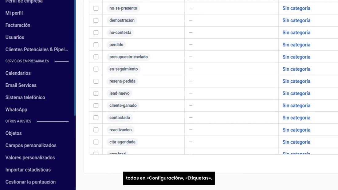 Las etiquetas son como notas pegadas a cada cliente. Las ve todas en «Configuración», «Etiquetas».