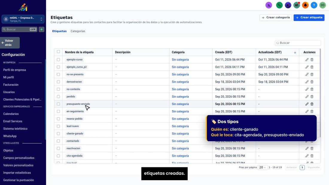 Con miGHL esto ya le viene listo: su cuenta trae estas etiquetas creadas.