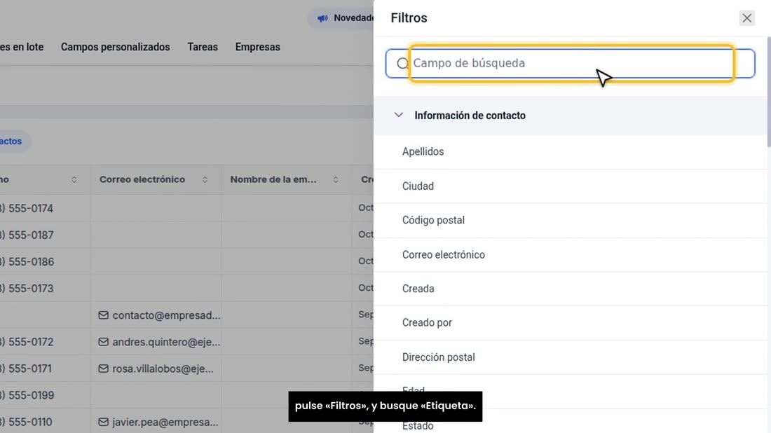 Para ver quién está cerca de comprar, vaya a «Contactos», pulse «Filtros», y busque «Etiqueta».