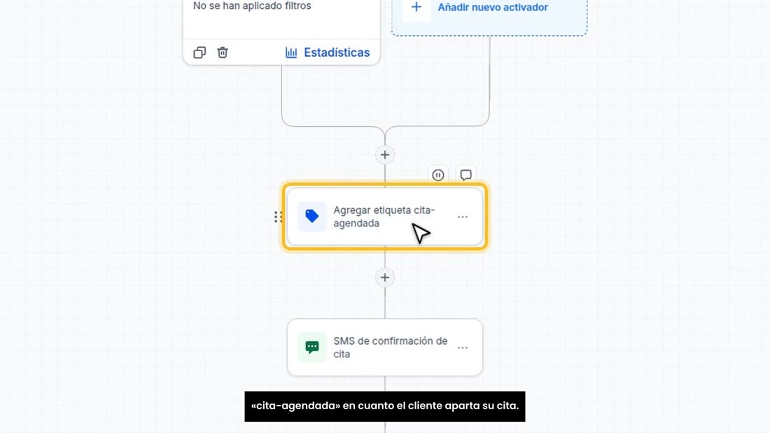 Por ejemplo, «Cita agendada, recordatorios» pone la etiqueta «cita-agendada» en cuanto el cliente aparta su cita.