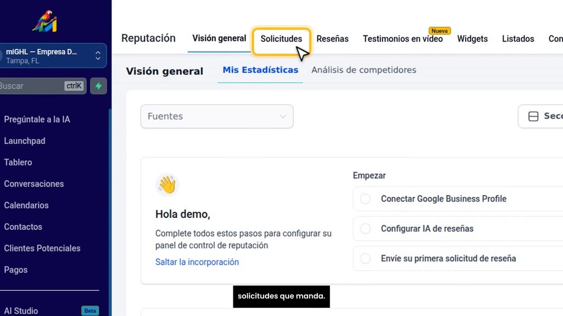 En su CRM, entre a «Reputación». Aquí ve sus reseñas y las solicitudes que manda.