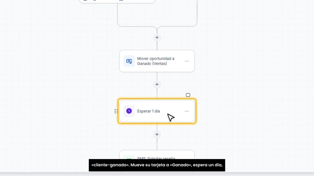 Empieza cuando al cliente se le pone la etiqueta «cliente-ganado». Mueve su tarjeta a «Ganado», espera un día, y le mand