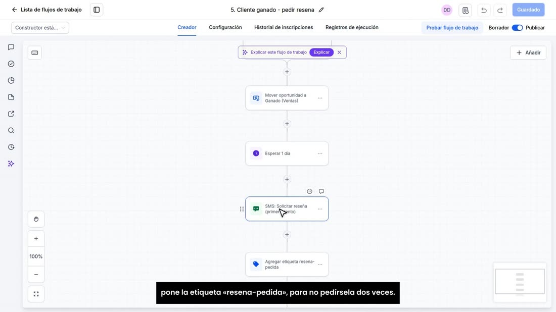 Pulse el mensaje para leerlo: le da las gracias, le pregunta si quedó contento, y le deja su enlace de reseña. Al final 