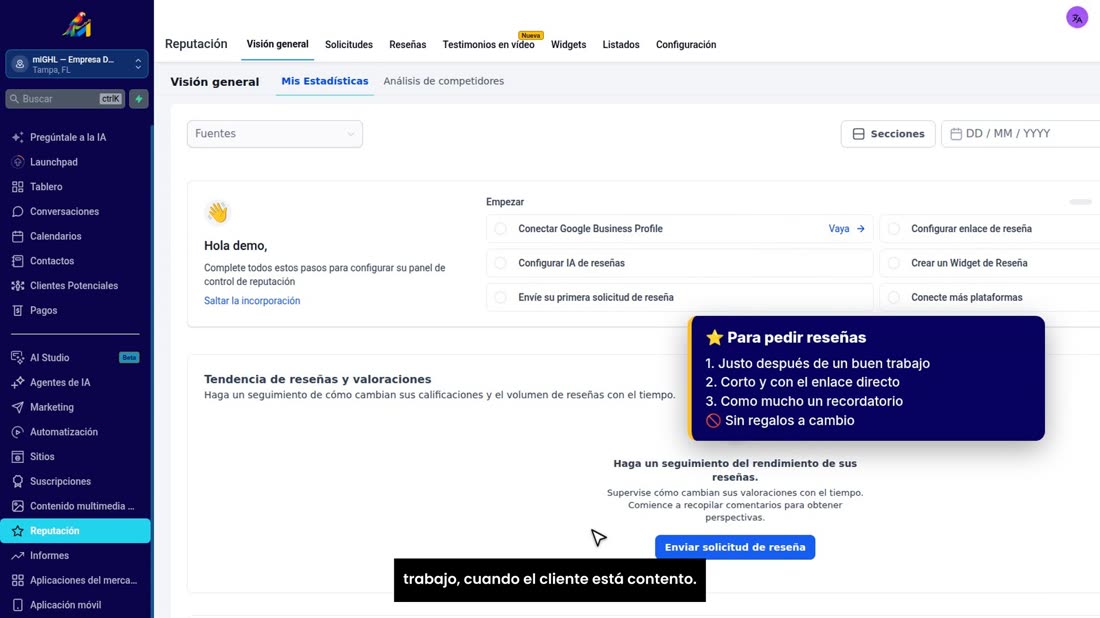 Tres consejos. Pida la reseña justo después de un buen trabajo, cuando el cliente está contento.