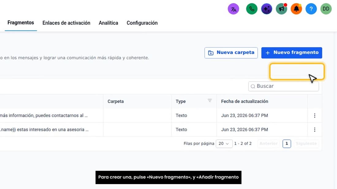 Para crear una, pulse «Nuevo fragmento», y «Añadir fragmento de texto».