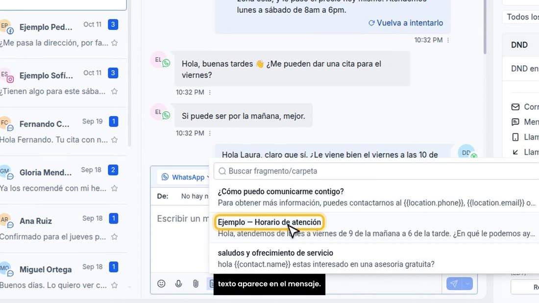 Abajo, pulse el icono de los fragmentos, y elija el suyo. El texto aparece en el mensaje.