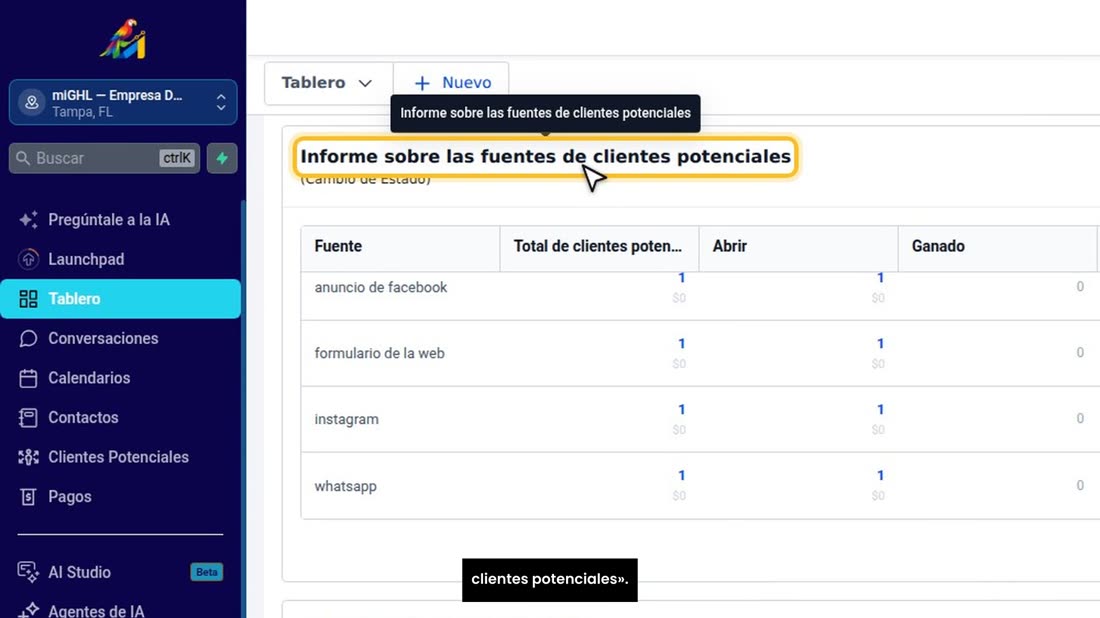 En el «Tablero», baje hasta el «Informe sobre las fuentes de clientes potenciales».