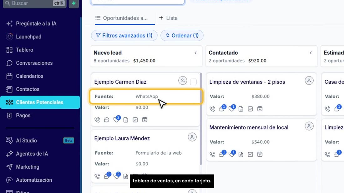 Ese informe sale de la «Fuente» de cada cliente. La ve en su tablero de ventas, en cada tarjeta.