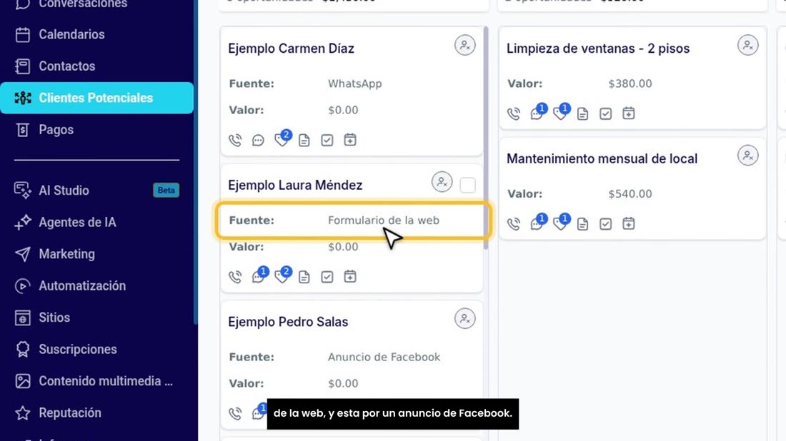 Por ejemplo, esta llegó por WhatsApp, esta por el formulario de la web, y esta por un anuncio de Facebook.
