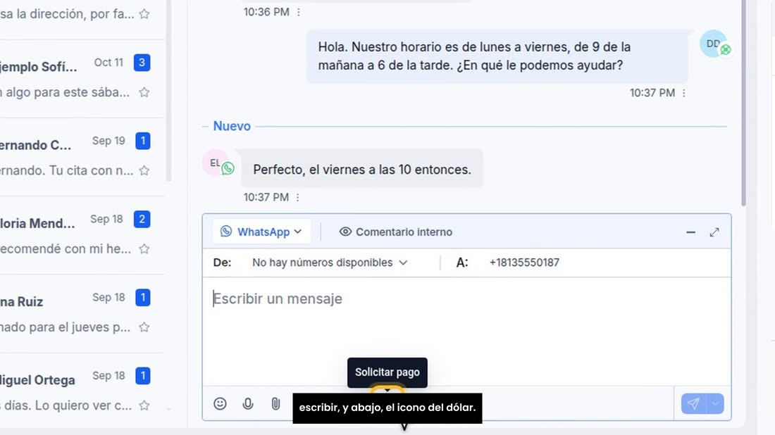 Ahora, en la conversación con su cliente, pulse el cuadro para escribir, y abajo, el icono del dólar.