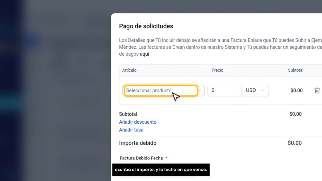 Se abre «Pago de solicitudes». Elija el producto o servicio, o escriba el importe, y la fecha en que vence.