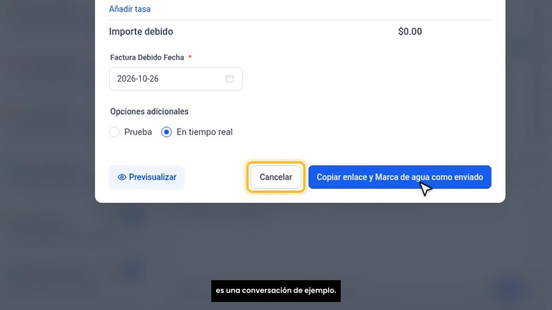 Pulse «Copiar enlace». El enlace queda copiado: péguelo en su mensaje, explíquele qué está pagando, y envíelo. Aquí canc