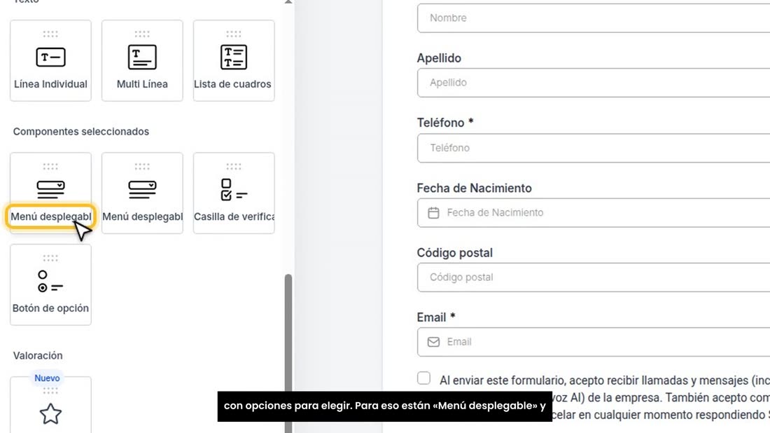 Además del nombre y el teléfono, añada dos o tres preguntas con opciones para elegir. Para eso están «Menú desplegable» 