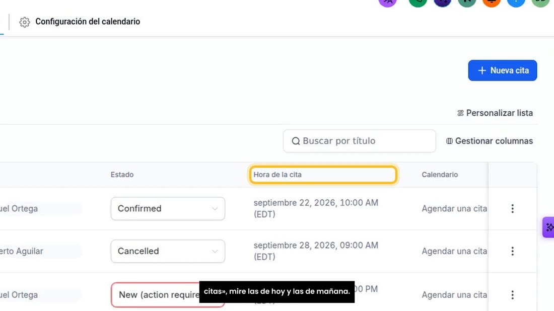 Tercero, sus citas. En «Calendarios», «Vista de lista de citas», mire las de hoy y las de mañana.