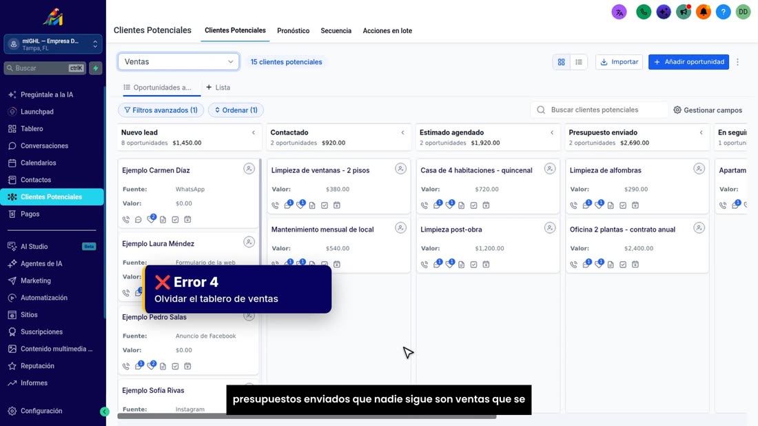 Error número cuatro: no mirar el tablero de ventas. Los presupuestos enviados que nadie sigue son ventas que se enfrían.