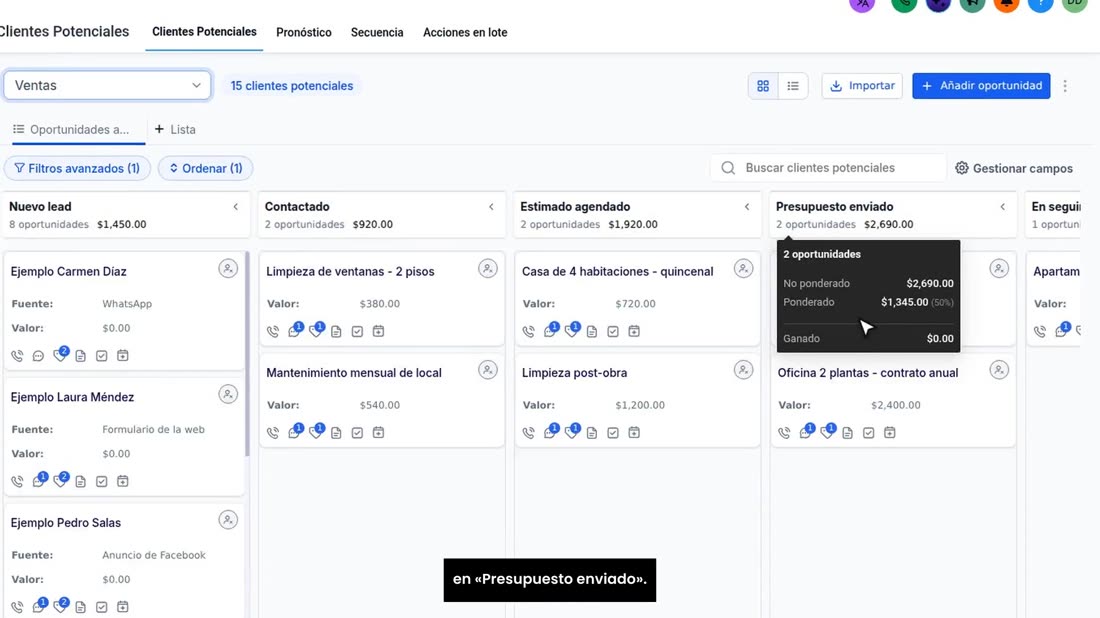 Una vez por semana, como mínimo, escriba a los que llevan días en «Presupuesto enviado».