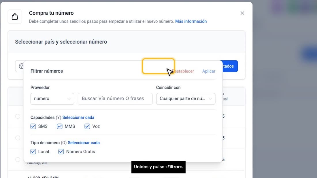 Se abre la ventana «Compra tu número». Deje el país en Estados Unidos y pulse «Filtrar».