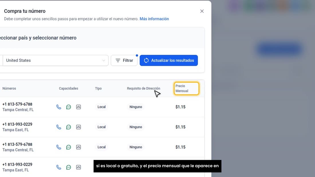 En la lista ve cada número: si sirve para llamadas y mensajes, si es local o gratuito, y el precio mensual que le aparec