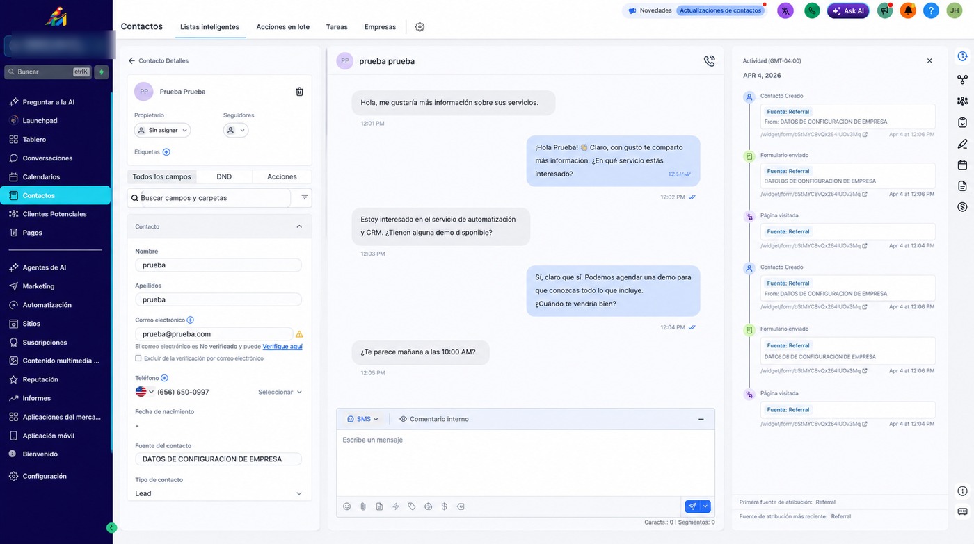 La bandeja de mensajes de miGHL, con las conversaciones de todos los canales juntas