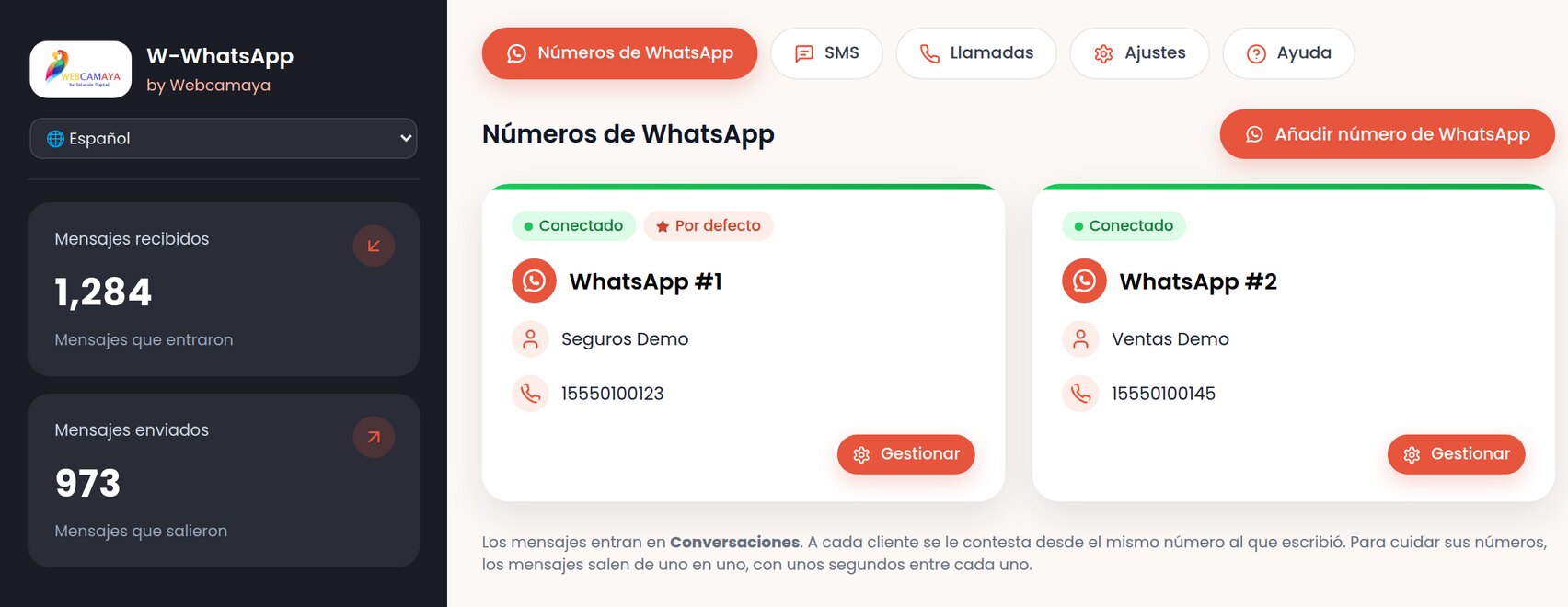 Panel de W-WhatsApp: dos números conectados y los mensajes recibidos y enviados